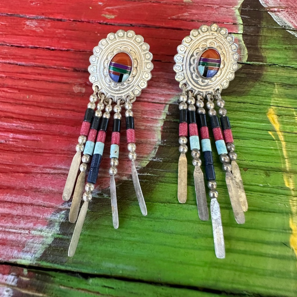 Silver and Natural Stone Concho Earrings.
